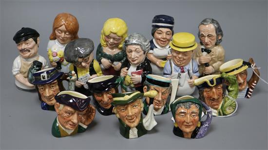 A collection of eight Royal Doulton miniature character jugs and eight candle snuffers, tallest 10cm (16)